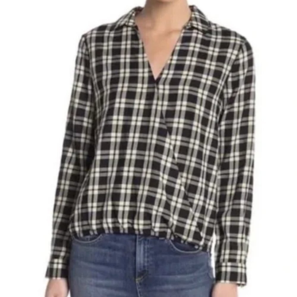 Madewell Faux Wrap-Front Plaid Shirt Classic Black Size Medium Cotton J4829 Top